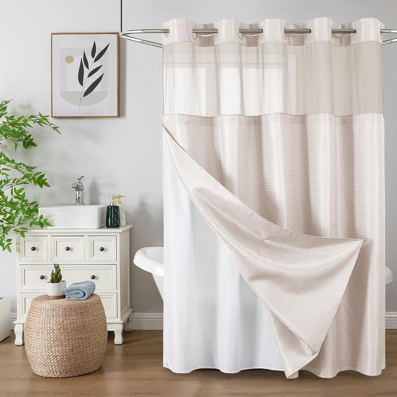 No Hook Waffle Shower Curtain with Snap in Fabric, Waterproof Shower Curtains with See Through Top Window, Hotel Luxury Heavy Duty Bathroom Curtain and Liner Set, 72'' x 75'', Black