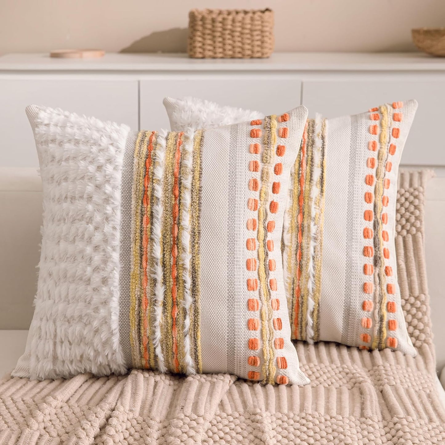 Boho Chenille Tufted Couch Throw Pillow Covers 18x18 Inch Set of 2 Farmhouse Striped Decorative Pillow Covers Accent Neutral Square Pillowcase Green Cushion Covers for Livingroom Sofa Bed