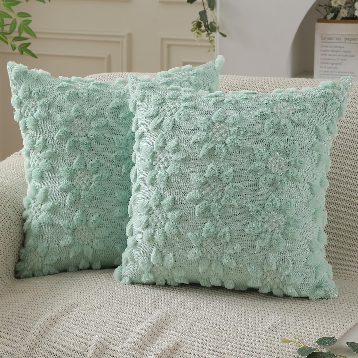 DFXSZ Spring Summer Pillow Covers 18x18 inch Set of 2 Farmhouse Decor Yellow Color Flower Heart Sunflower Soft Plush Faux Fur Jacquard Throw Pillows for Sofa Holiday Spring Home Decor PTK024C18
