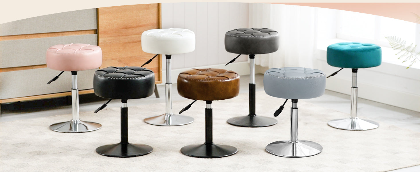 Adjustable Vanity Stool, 360 Swivel Chair for Makeup Room, White Faux Leather Stool for Bathroom & Living Room