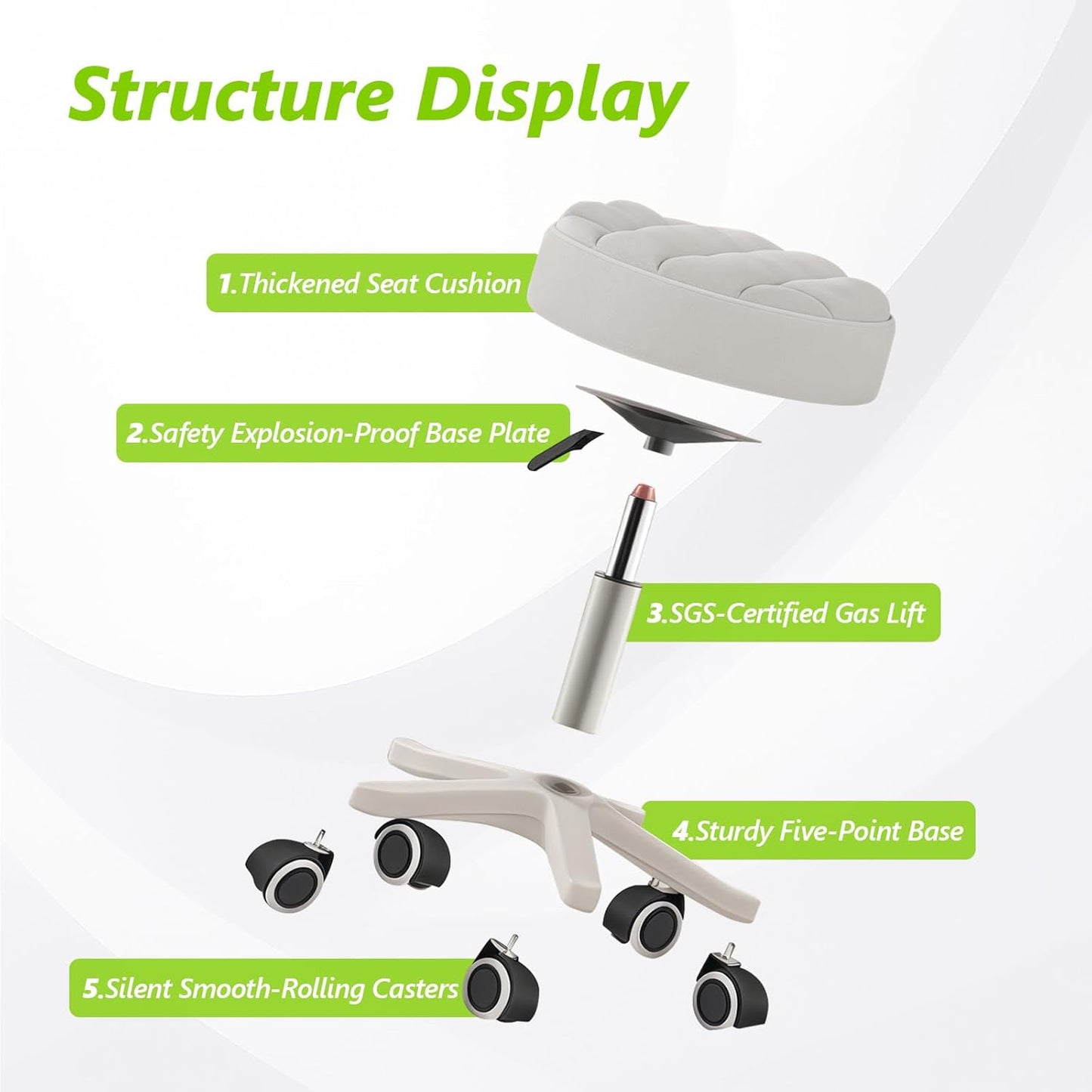 Small PU Leather Round Stool Chair Armless Comfy Rolling Medical Salon Stools with Wheels Height-Adjustable for Tattoo Salon Work Home, Office Chair