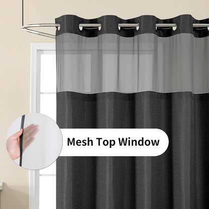 No Hook Waffle Shower Curtain with Snap in Fabric, Waterproof Shower Curtains with See Through Top Window, Hotel Luxury Heavy Duty Bathroom Curtain and Liner Set, 72'' x 75'', Black