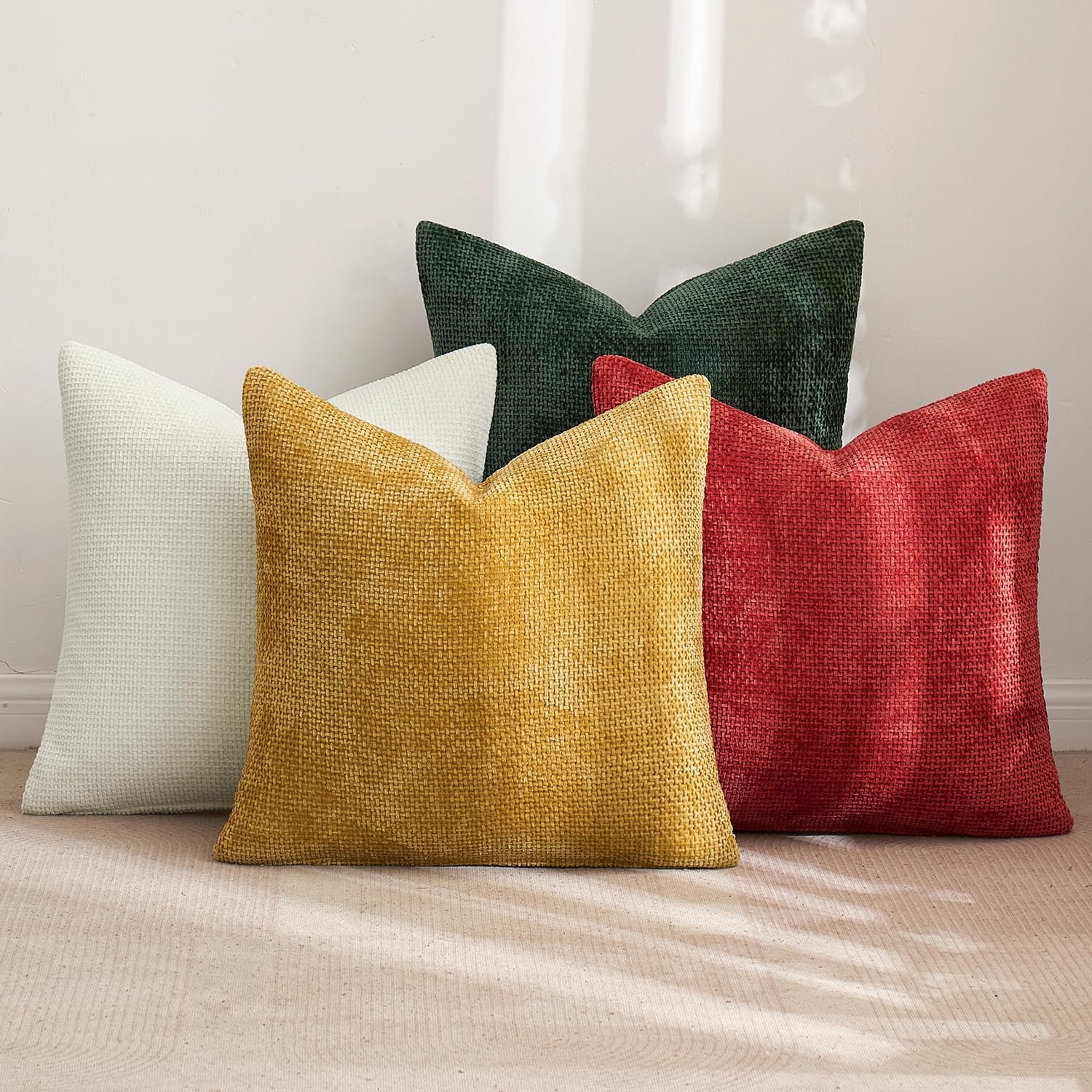 Pack of 4 Couch Throw Pillow Covers 18x18 Inch Neutral Blue Soft Decorative Chenille Pillow Covers Farmhouse Accent Cushion Covers for Boho Western Spring Coastal Decor Sofa Bed Living Room
