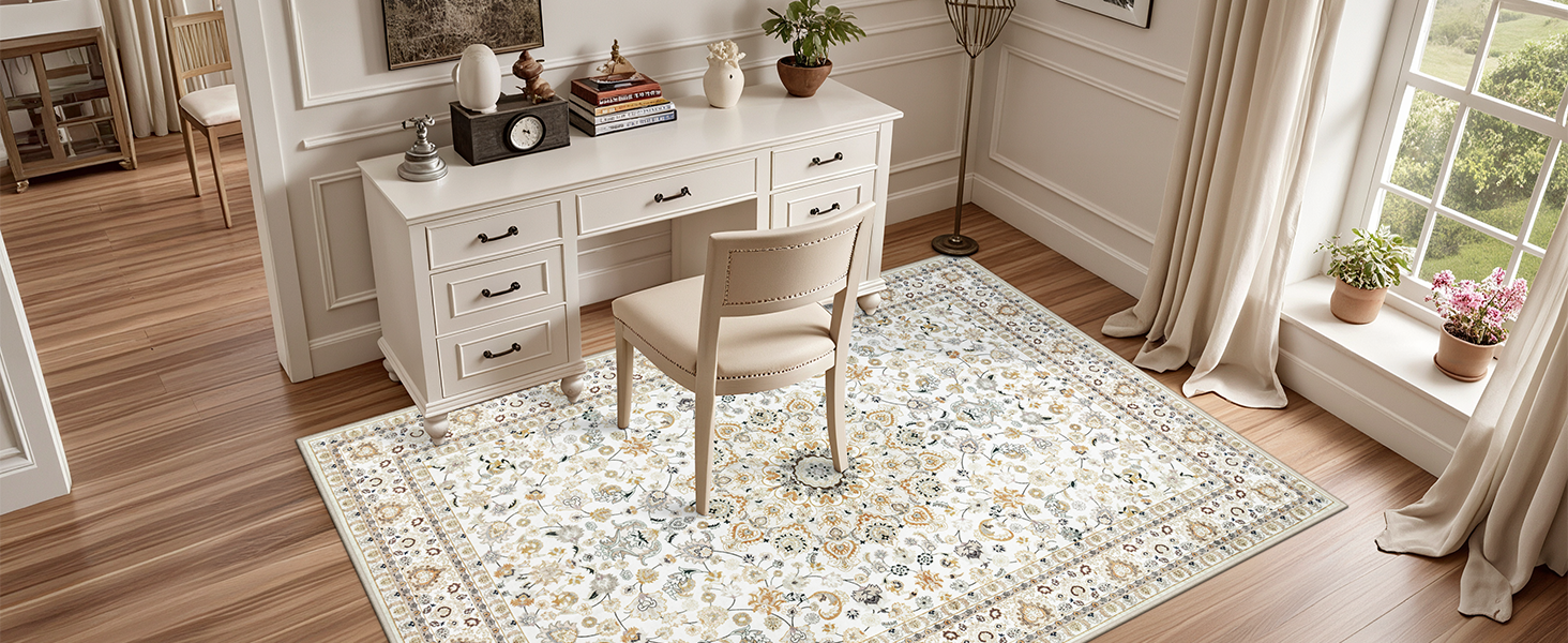 5x7 Area Rugs Living Room Rug: Washable Vintage Boho Rug No Slip Stain Resistant Soft Carpet Indoor Floor Floral Large Carpets for Bedroom Dining Room Farmhouse Nursery Hallway Home Office Beige