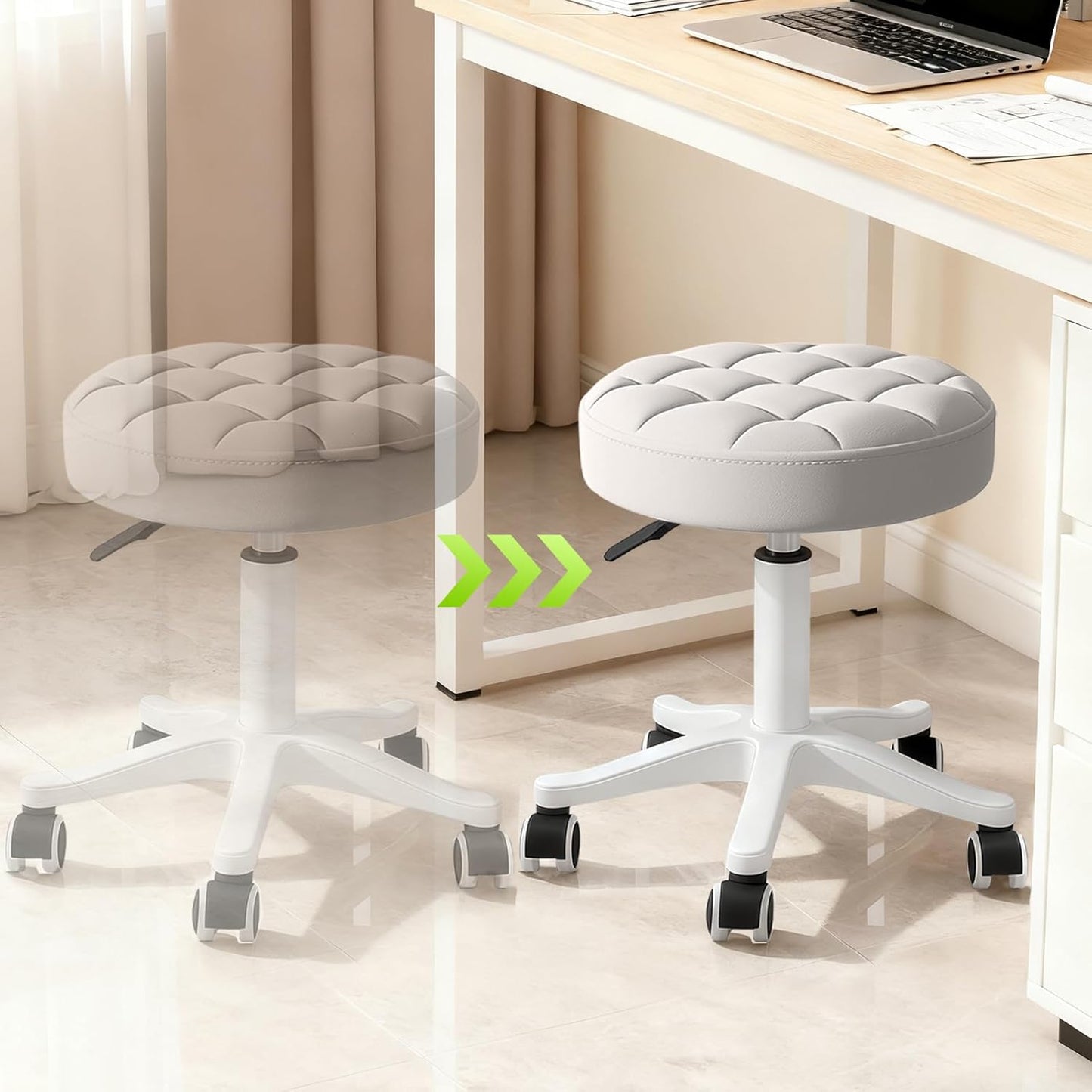 Small PU Leather Round Stool Chair Armless Comfy Rolling Medical Salon Stools with Wheels Height-Adjustable for Tattoo Salon Work Home, Office Chair