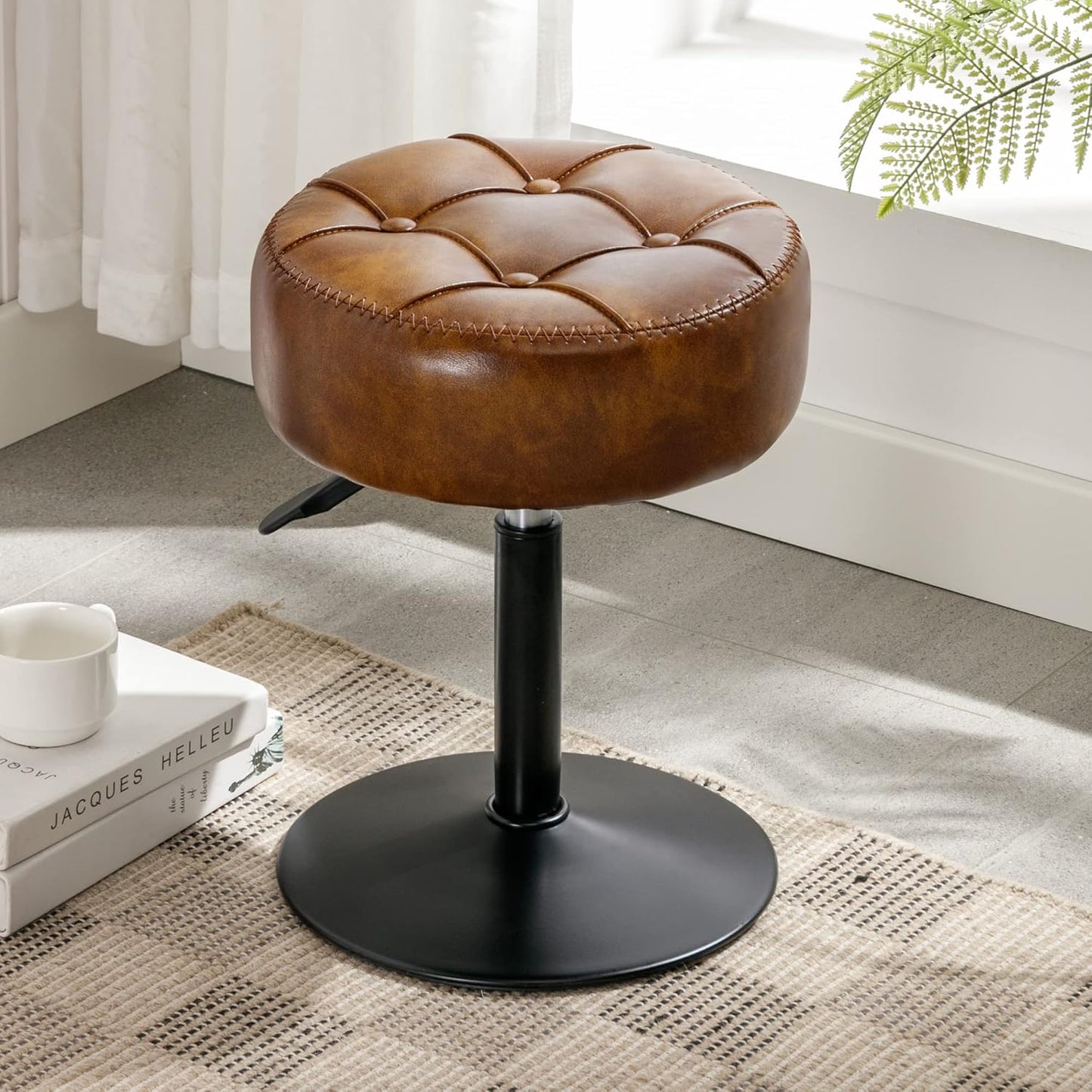 Adjustable Vanity Stool, 360 Swivel Chair for Makeup Room, White Faux Leather Stool for Bathroom & Living Room