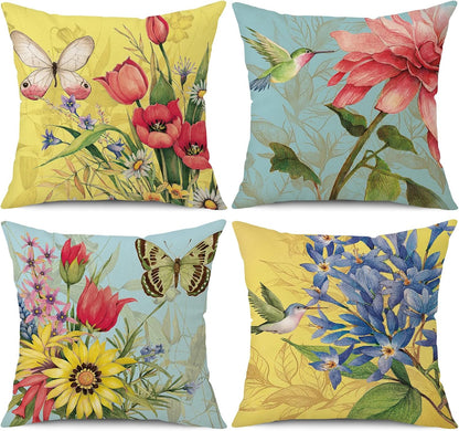 wyooxoo Throw Pillow Covers 18x18 Set of 4 Decorative Spring Pillow Covers Linen Flower Butterfly Farmhouse Pillowcases for Sofa Couch Living Room Outdoor
