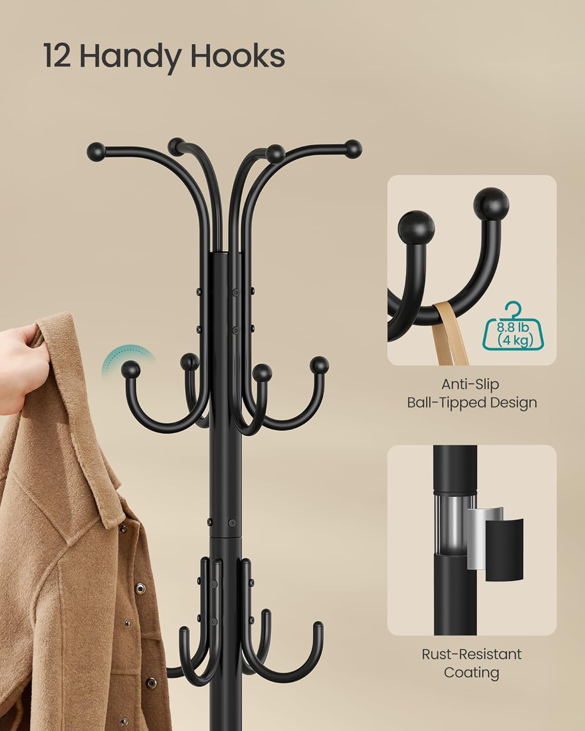 Coat Rack Freestanding with Umbrella Holder, Metal Coat Rack Stand with 12 Hooks, for Entryway, Hallway, Living Room, Bedroom, Ink Black URCR082BH02S