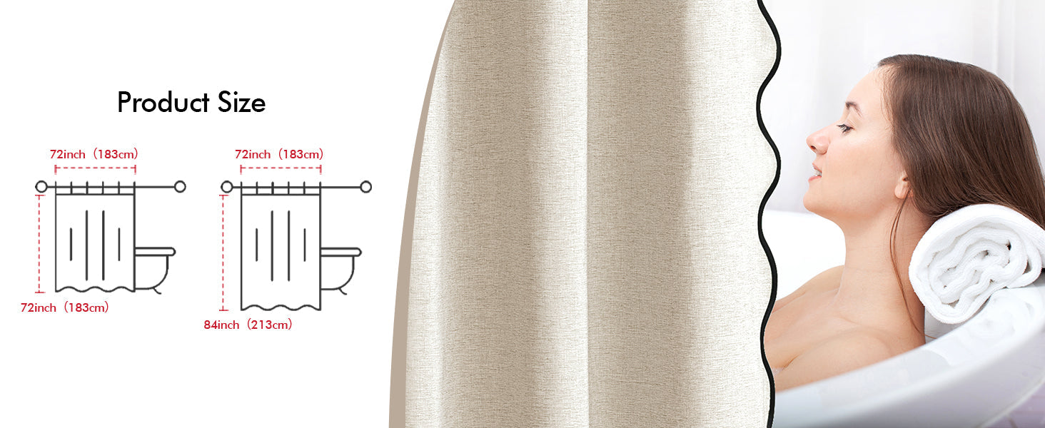 Beige Scalloped Shower Curtain Linen Textured with 12 Metal Hooks Cute Heavy Duty Washable Waterproof Neutral Thick Cloth Shower Curtains with Black Border for Bathroom Bathtub,W72*L72 Cream