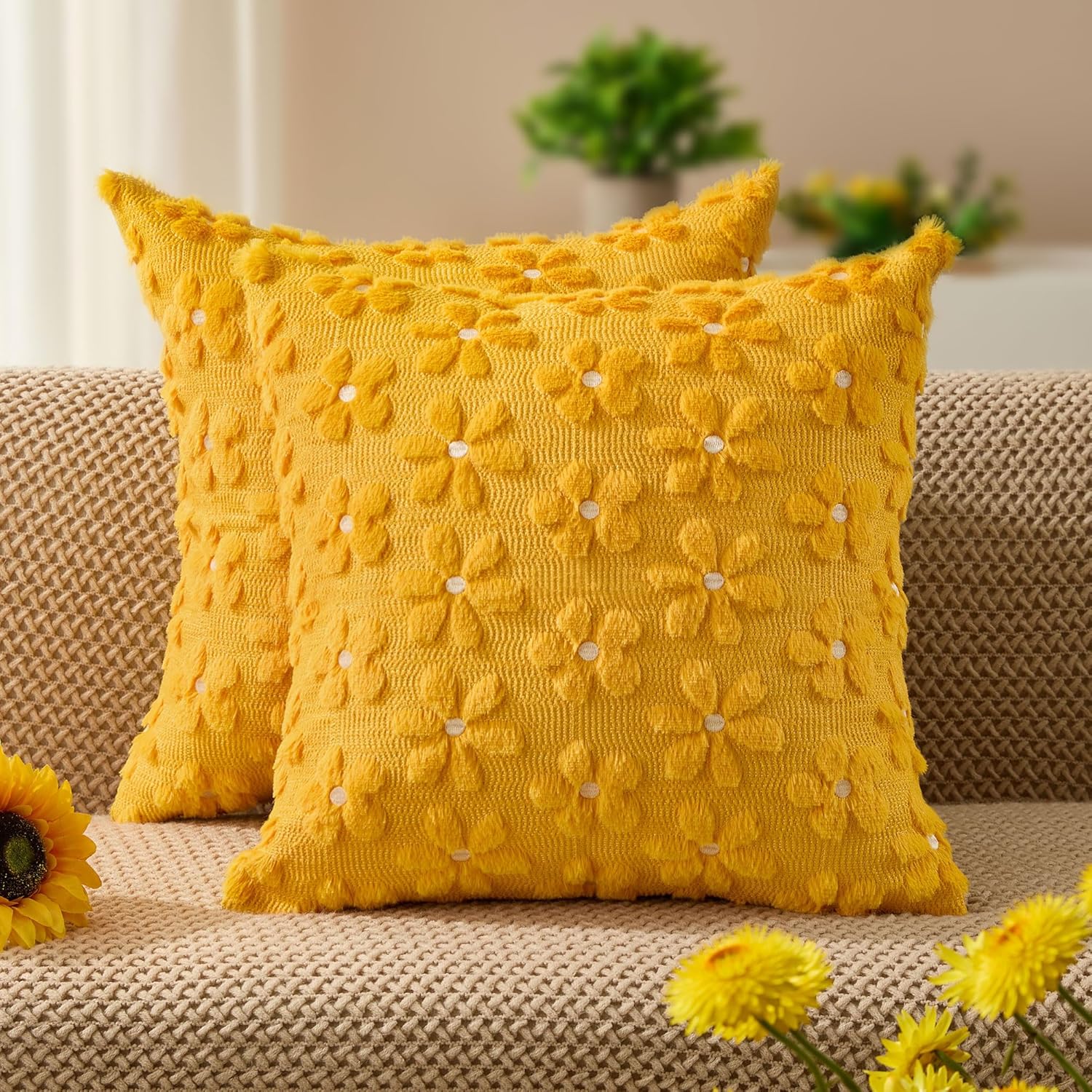 DFXSZ Spring Summer Pillow Covers 18x18 inch Set of 2 Farmhouse Decor Yellow Color Flower Heart Sunflower Soft Plush Faux Fur Jacquard Throw Pillows for Sofa Holiday Spring Home Decor PTK024C18