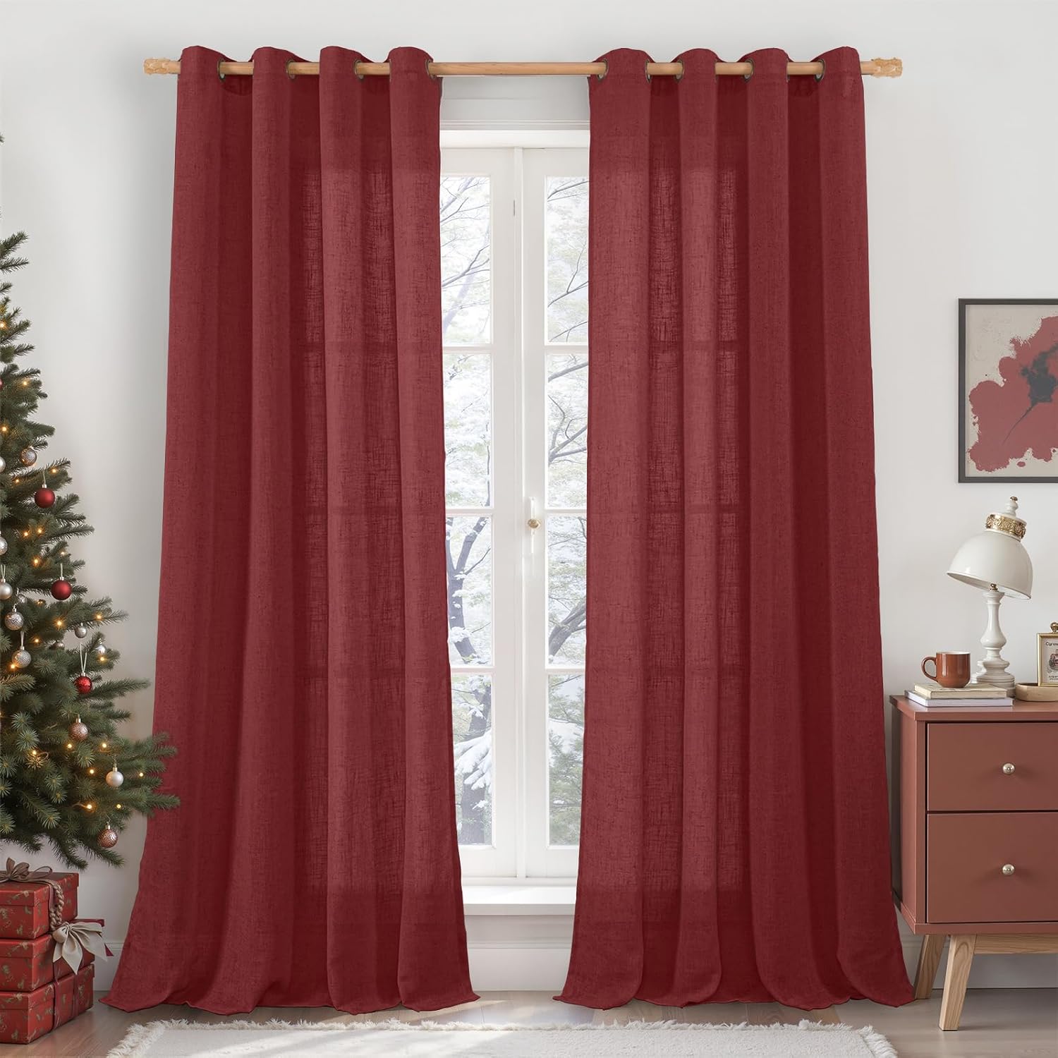 Natural Ivory Linen Semi Sheer Curtains 84 inch Length, Cream Light Filtering Soft Thick Neutral Living Room Drapes with Bronze Grommet for Bedroom/Farmhouse, 2 Panels, 52 x 84 Inch