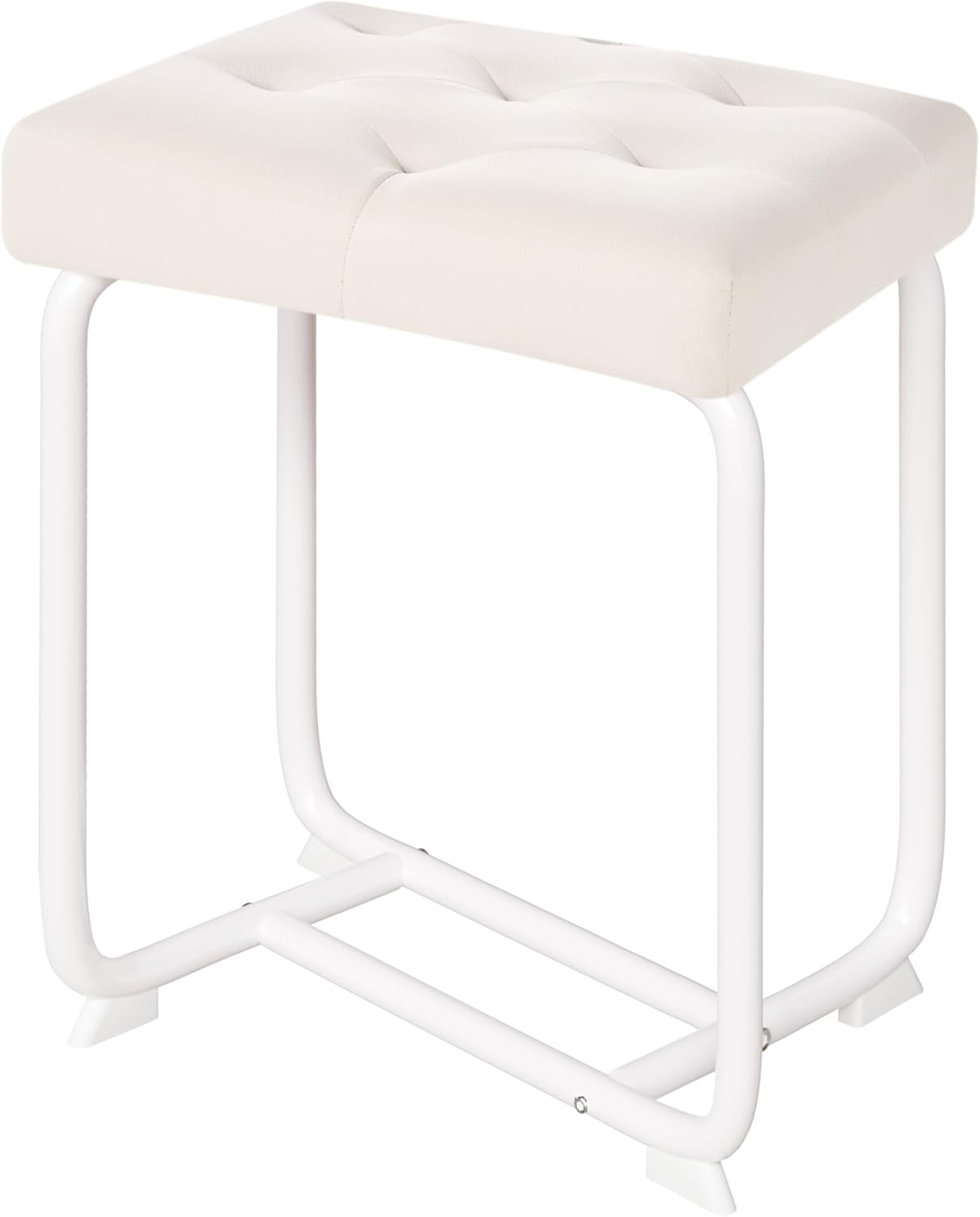 White Vanity Chair, Leather Vanity Stool, Small Stool Chair for Vanity, Square Ottoman Foot Stool, Makeup Vanity Chairs with Thick Padded Seat for Bathroom, Bedroom, Entryway, KFD01W