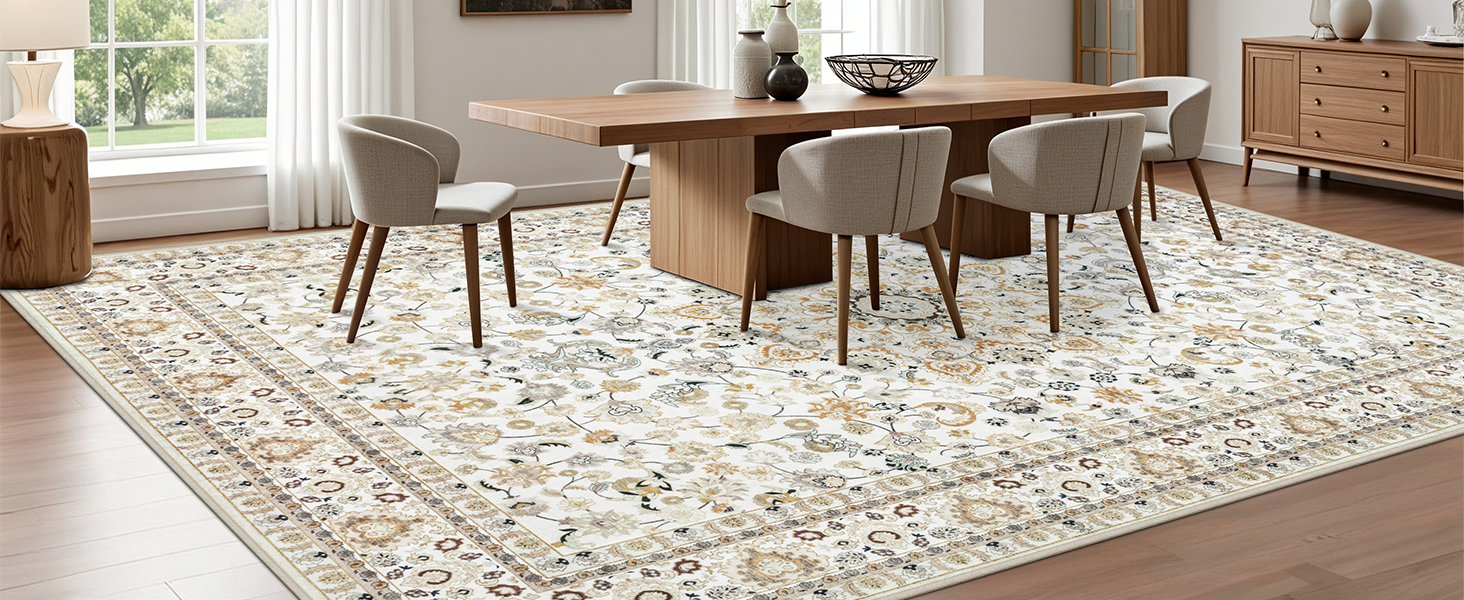 5x7 Area Rugs Living Room Rug: Washable Vintage Boho Rug No Slip Stain Resistant Soft Carpet Indoor Floor Floral Large Carpets for Bedroom Dining Room Farmhouse Nursery Hallway Home Office Beige