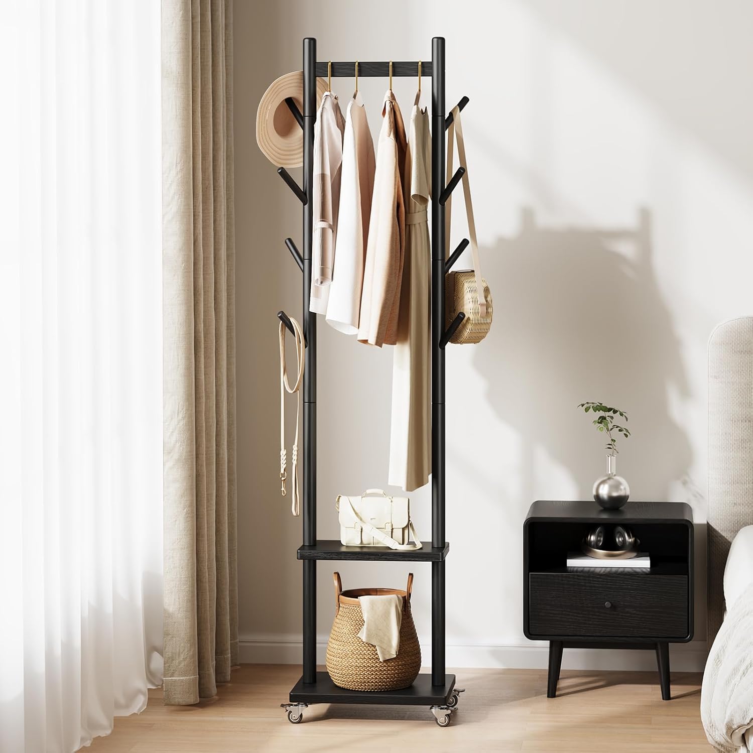 Solid Wood Coat Rack Freestanding - Rolling Clothes Rack with 8 Hooks & Shelves, Small Clothing Rack with Wheels, Heavy Duty Clothing Racks for Hanging Clothes, Portable Hall Tree for Entryway