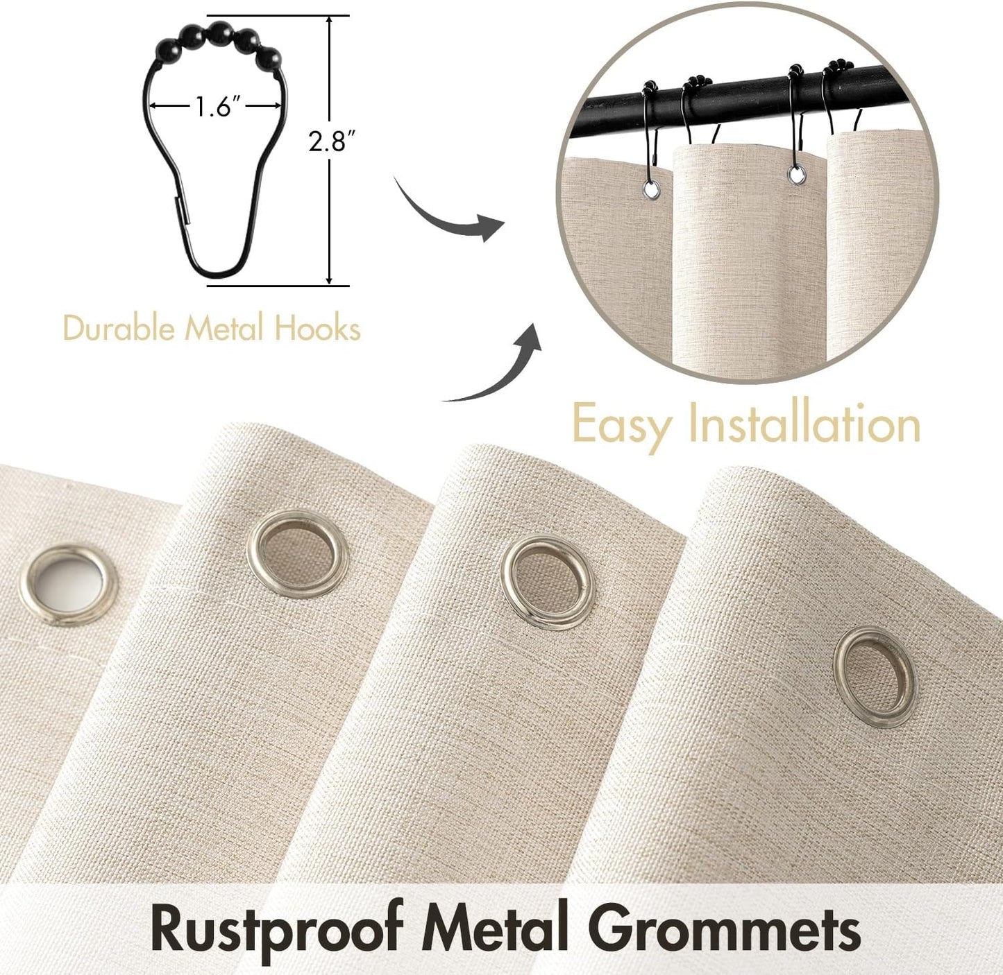 Beige Scalloped Shower Curtain Linen Textured with 12 Metal Hooks Cute Heavy Duty Washable Waterproof Neutral Thick Cloth Shower Curtains with Black Border for Bathroom Bathtub,W72*L72 Cream