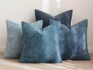 Pack of 4 Couch Throw Pillow Covers 18x18 Inch Neutral Blue Soft Decorative Chenille Pillow Covers Farmhouse Accent Cushion Covers for Boho Western Spring Coastal Decor Sofa Bed Living Room