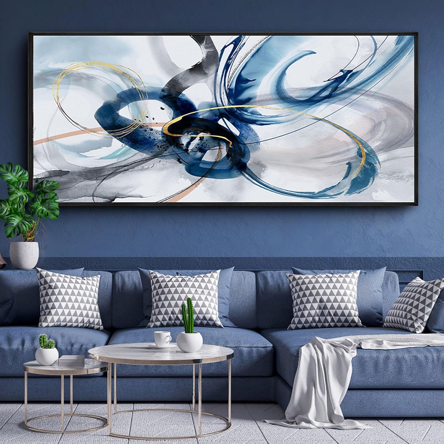 Large Wall Art for Living Room - Abstract Wall Decor Framed Picture Artwork for Wall Decorative Paintings Blue and White Modern Office Bedroom Art