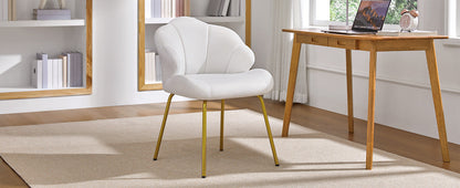 Vanity Chair, Velvet Accent Chair with Shell-Shaped Backrest, Modern Armchair with Gold Metal Legs for Dressing Room/Bedroom/Living Room, White