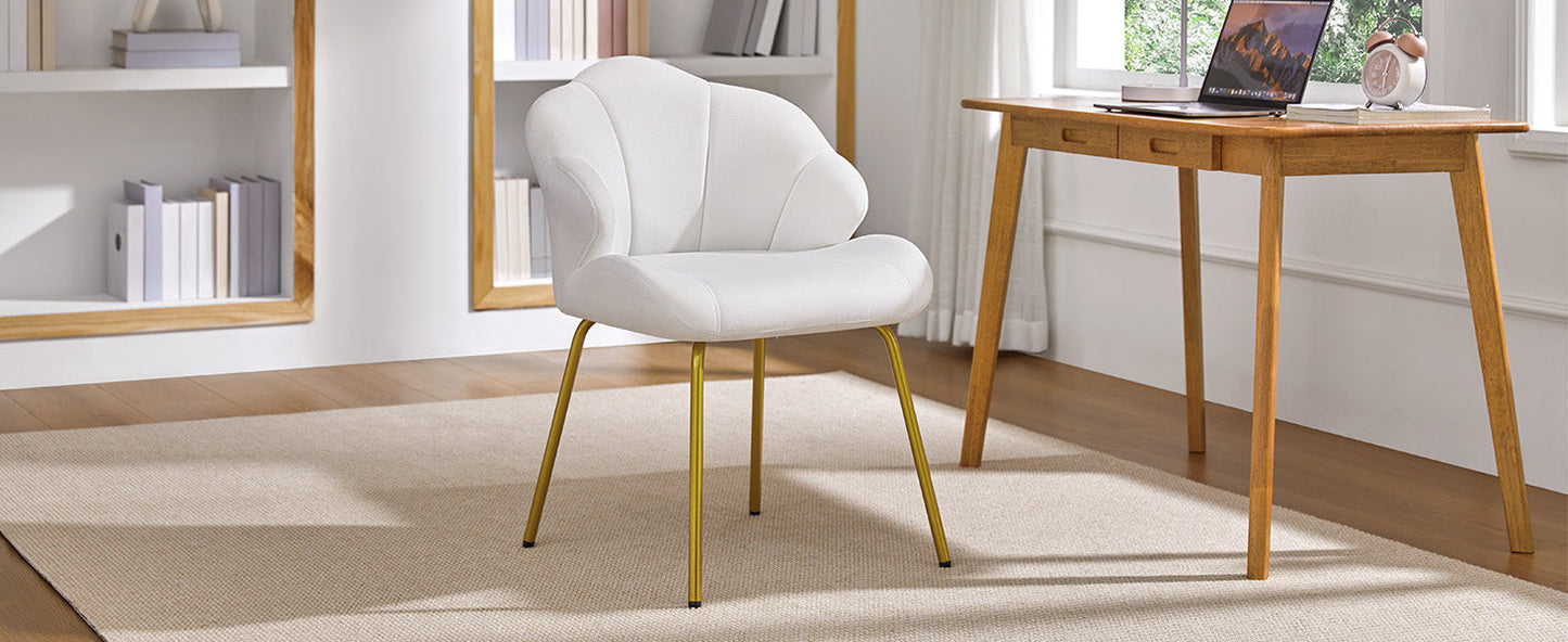 Vanity Chair, Velvet Accent Chair with Shell-Shaped Backrest, Modern Armchair with Gold Metal Legs for Dressing Room/Bedroom/Living Room, White