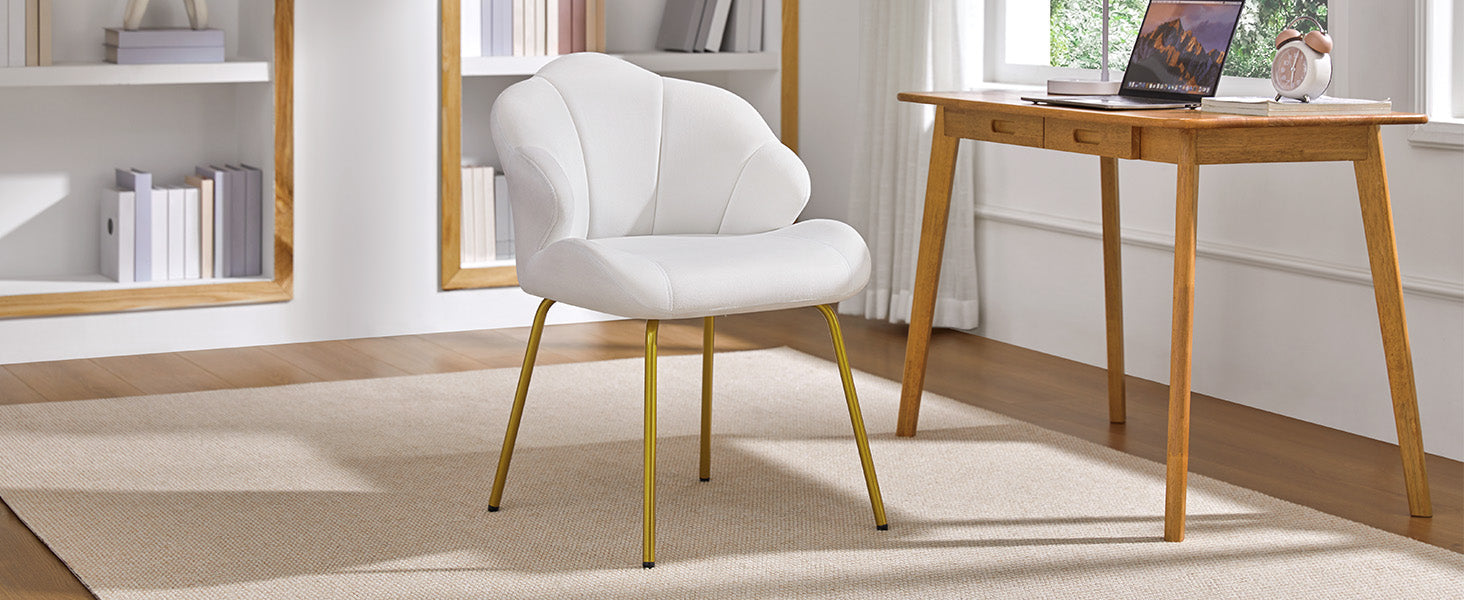 Vanity Chair, Velvet Accent Chair with Shell-Shaped Backrest, Modern Armchair with Gold Metal Legs for Dressing Room/Bedroom/Living Room, White