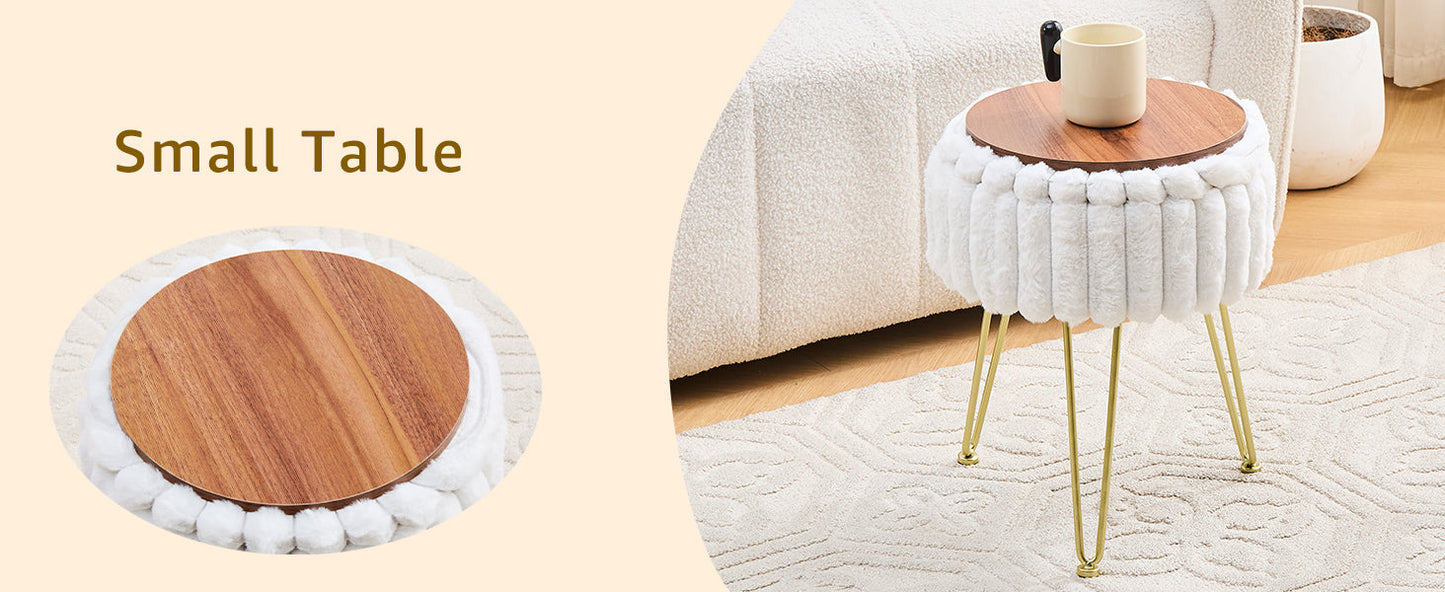 Vanity Stool with Storage, Faux Fur Ottoman Chair with Metal Legs, Round Makeup Vanity Chair for Bedroom or Dressing Table, Modern Small Ottoman Seat (Pink)