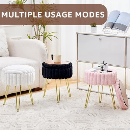 Vanity Stool with Storage, Faux Fur Ottoman Chair with Metal Legs, Round Makeup Vanity Chair for Bedroom or Dressing Table, Modern Small Ottoman Seat (Pink)