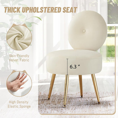 Armless Vanity Chair for Makeup Room, Velvet Vanity Stool with Back, Living Room Chair with Solid Metal Legs for Bedroom, Study Room, Vanity(Khaki)