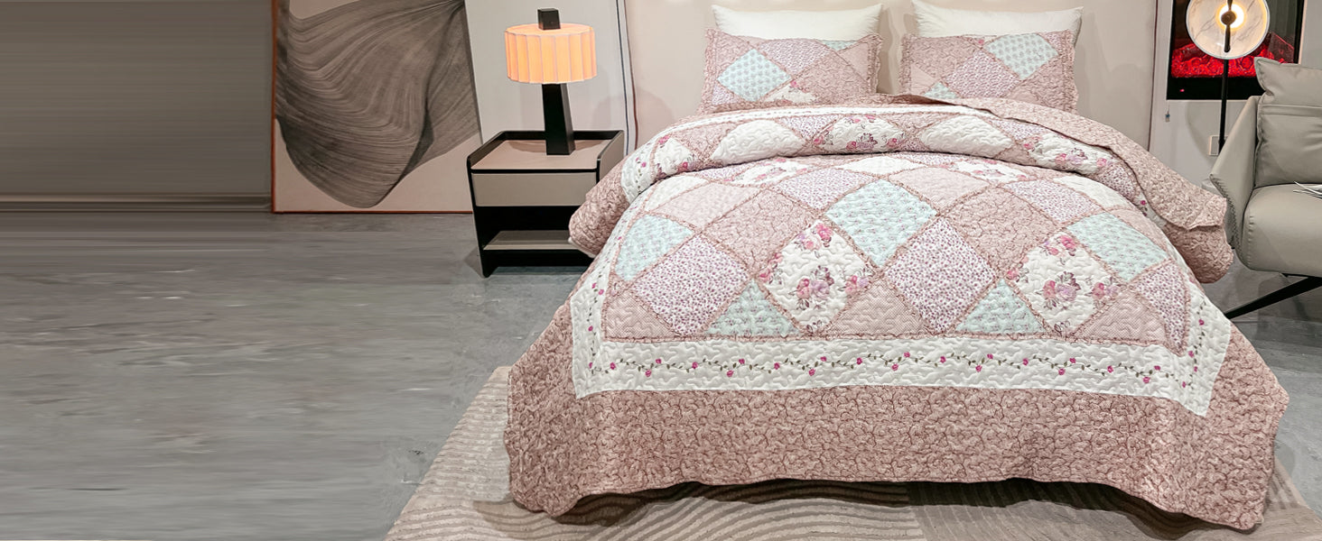 Blue Floral Patchwork Quilt Set, Full Queen Size, 3 Piece Bedding Set with 2 Pillowcases | Blue Patchwork Quilt, Queen Size Bedspread, Reversible Quilt Set, Floral Quilt Set, Patchwork Quilt Set, Queen Comforter Set