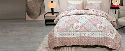 Blue Floral Patchwork Quilt Set, Full Queen Size, 3 Piece Bedding Set with 2 Pillowcases | Blue Patchwork Quilt, Queen Size Bedspread, Reversible Quilt Set, Floral Quilt Set, Patchwork Quilt Set, Queen Comforter Set