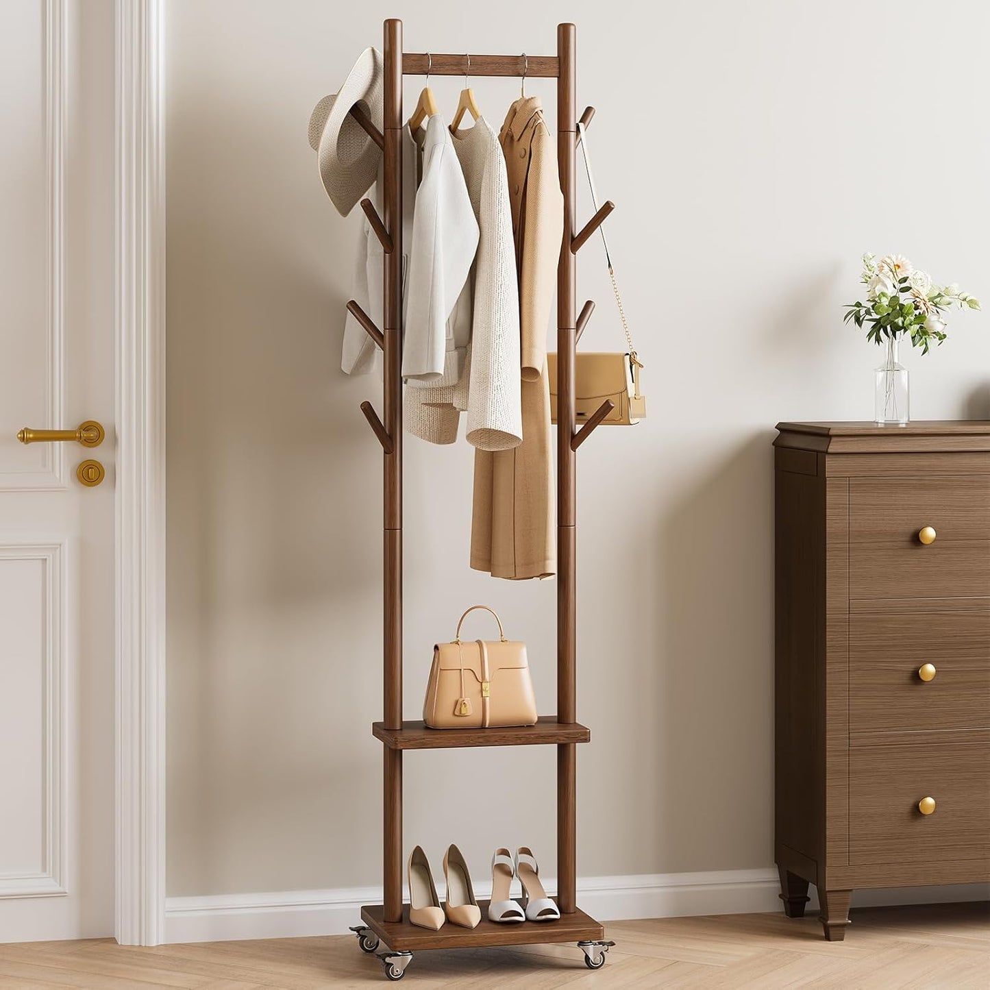 Solid Wood Coat Rack Freestanding - Rolling Clothes Rack with 8 Hooks & Shelves, Small Clothing Rack with Wheels, Heavy Duty Clothing Racks for Hanging Clothes, Portable Hall Tree for Entryway