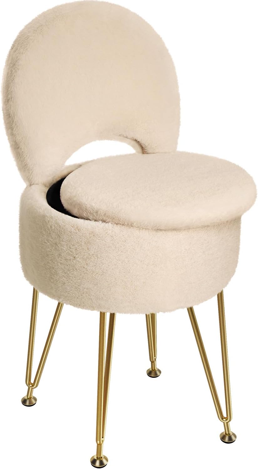 Small Vanity Stool Chair with Storage and Folding Back, 13" x 13" x 17.7" Faux Fur Soft Ottoman for Teenager, 4 Metal Legs with Anti-Slip Feet, Furry Padded Seat for Makeup, Bedroom, White