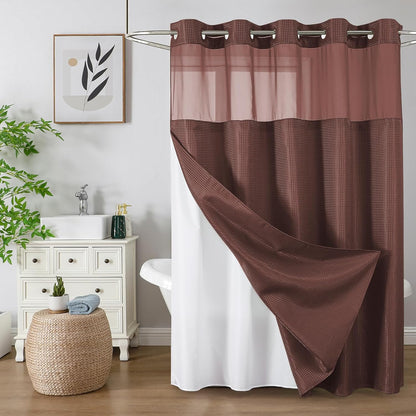 No Hook Waffle Shower Curtain with Snap in Fabric, Waterproof Shower Curtains with See Through Top Window, Hotel Luxury Heavy Duty Bathroom Curtain and Liner Set, 72'' x 75'', Black