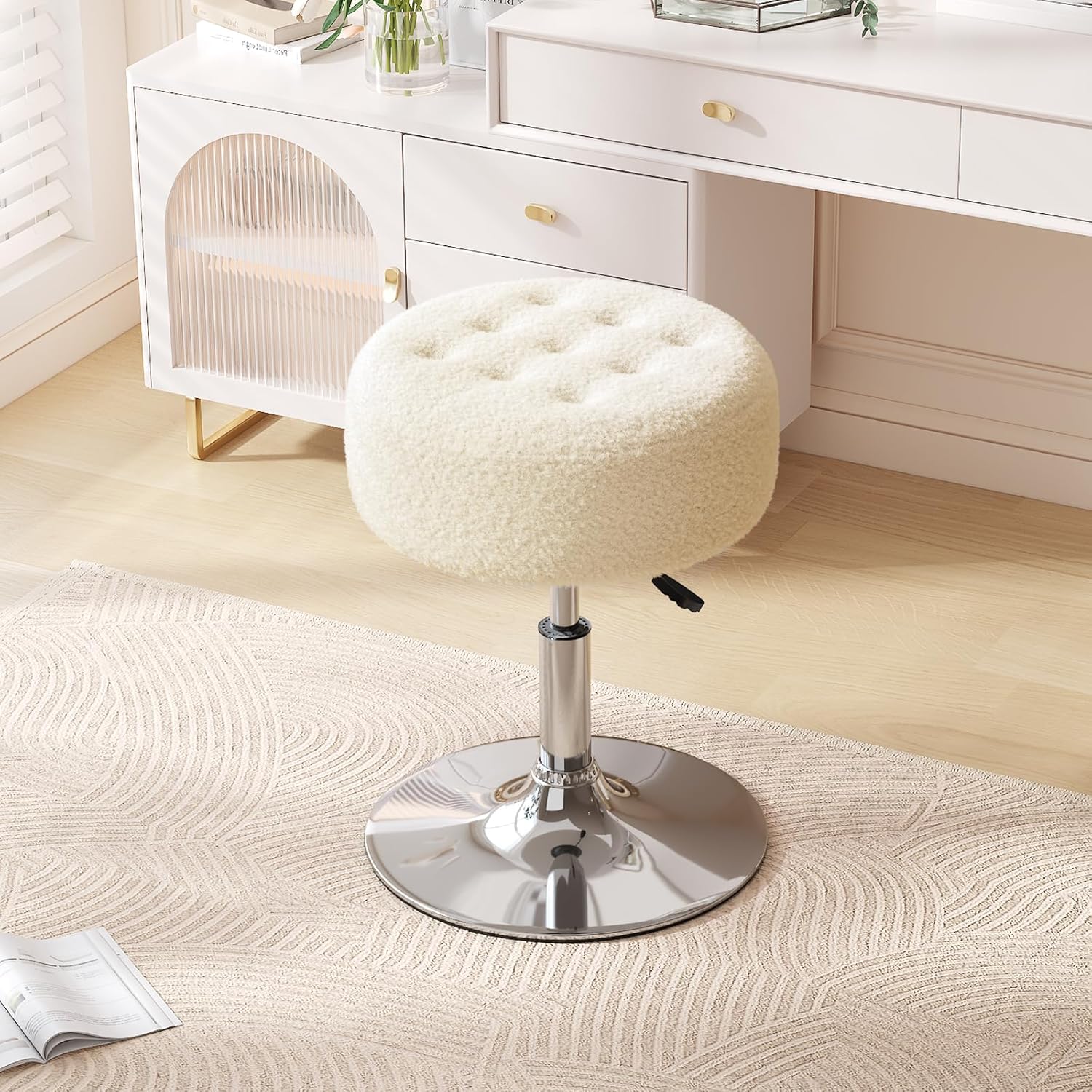 Mid-Century Tufted Adjustable Swivel Makeup Ottoman Stool; Modern Big Size Round Vanity Stool Chair for Bedroom Living Room (White)