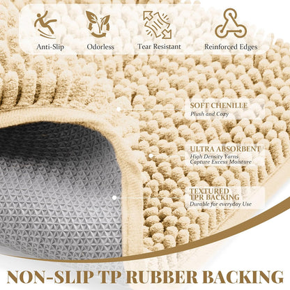 Bathroom Rugs Mat 60 x 36, Thick Soft Absorbent Chenille Bath Rugs, Rubber Backing Bath Mats for Bathroom Floor, Tub, Shower, Bedroom, Home Decor Accessories, Quick Dry Machine Washable, Beige