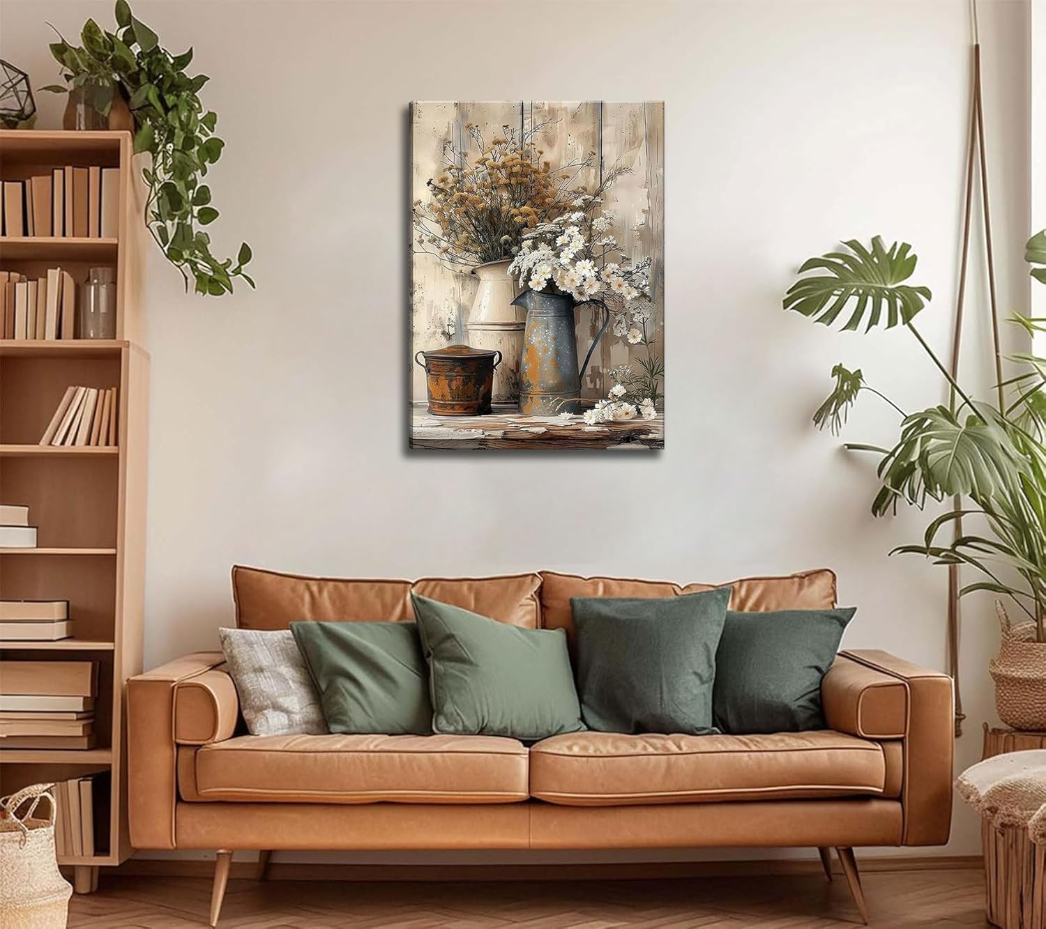Farmhouse Rustic Daisy Canvas Wall Art Vintage Country Floral Posters Print White Jasmine Flowers and Rust Color Watering Can Wall Decor Picture for Living Room Bedroom Bathroom Decoration