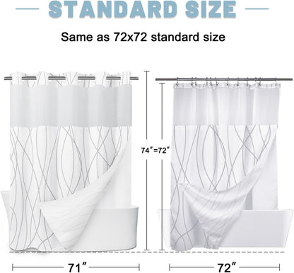 No Hook Grey White Striped Shower Curtain with Snap in Fabric Liner Set - Hotel Liner Set with See Through Mesh Top Window,Machine Washable, 71x74 INCH