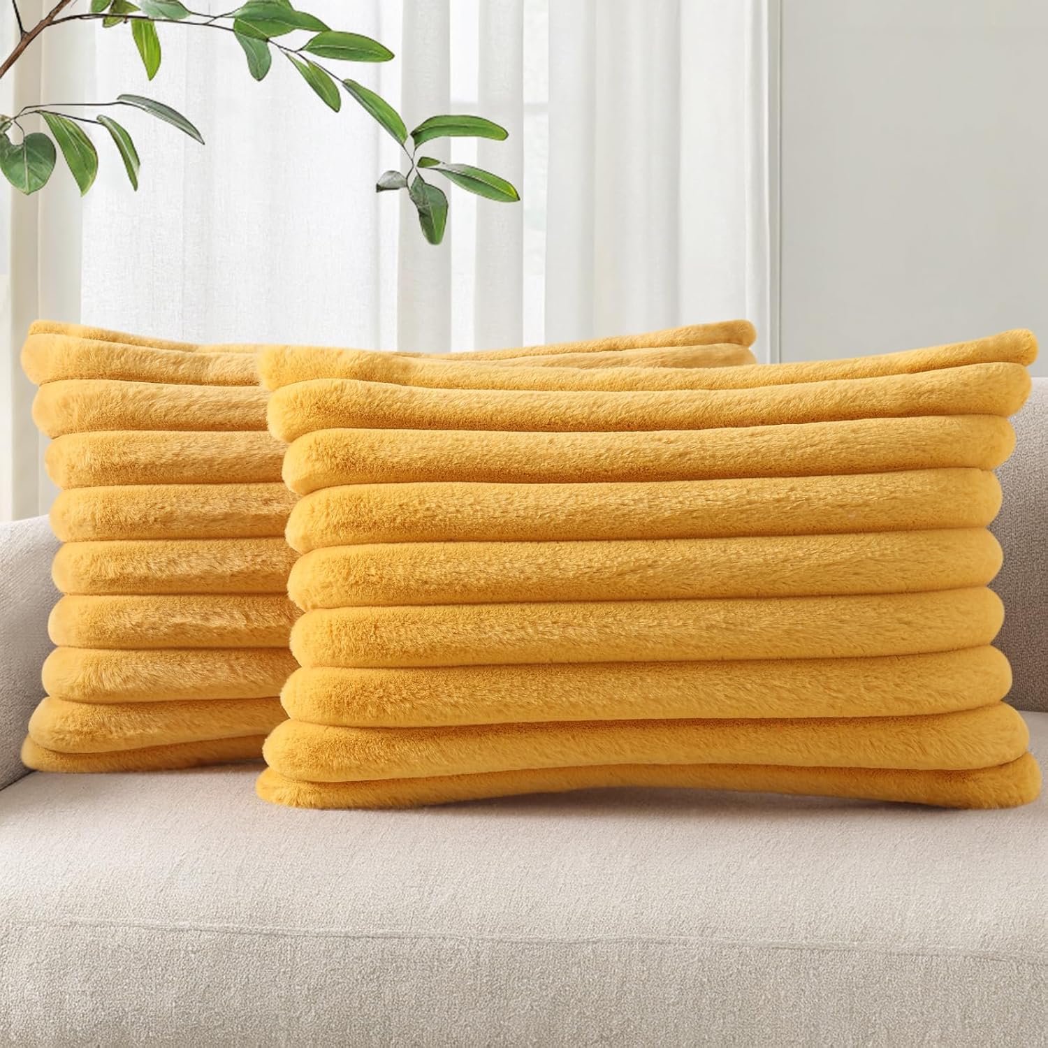 Pallene Faux Fur Plush Throw Pillow Covers 18x18 Set of 2, Luxury Soft Fluffy Striped Decorative Pillow Covers for Sofa, Couch, Living Room, Cream White