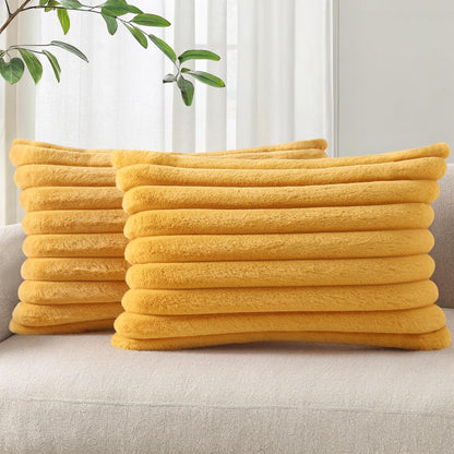 Pallene Faux Fur Plush Throw Pillow Covers 18x18 Set of 2, Luxury Soft Fluffy Striped Decorative Pillow Covers for Sofa, Couch, Living Room, Cream White