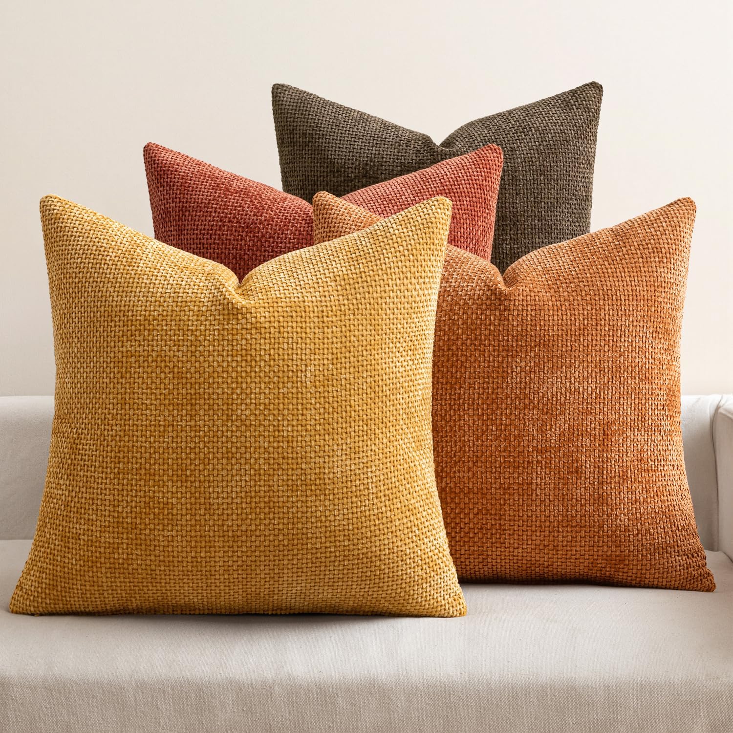 Pack of 4 Couch Throw Pillow Covers 18x18 Inch Neutral Blue Soft Decorative Chenille Pillow Covers Farmhouse Accent Cushion Covers for Boho Western Spring Coastal Decor Sofa Bed Living Room