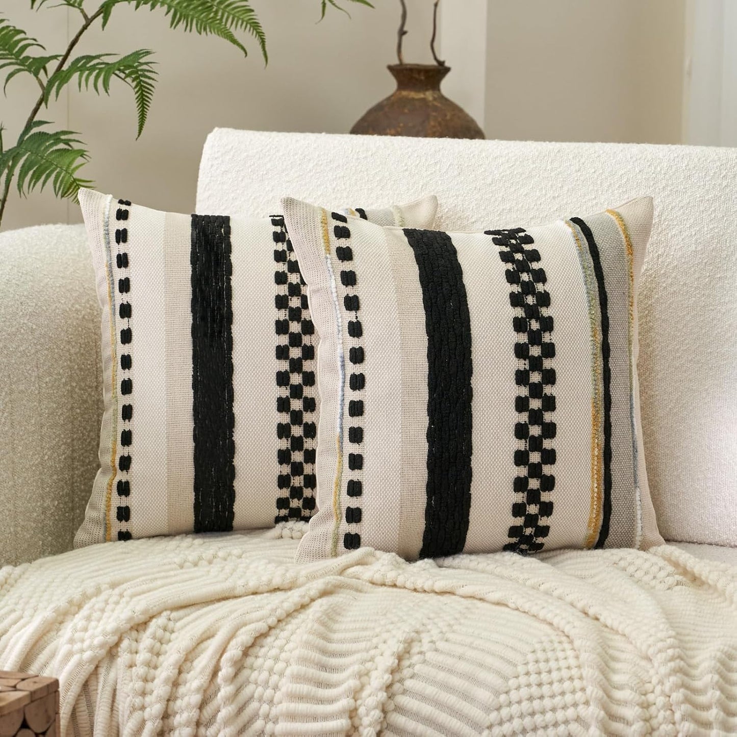 Aeckself Boho Throw Pillow Covers 18x18 Inch Set of 2, Farmhouse Decorative Striped Square Pillow Covers Chenille Tufted Pillow Cases Accent Neutral Pillowcase for Living Room Couch Bed, Orange White