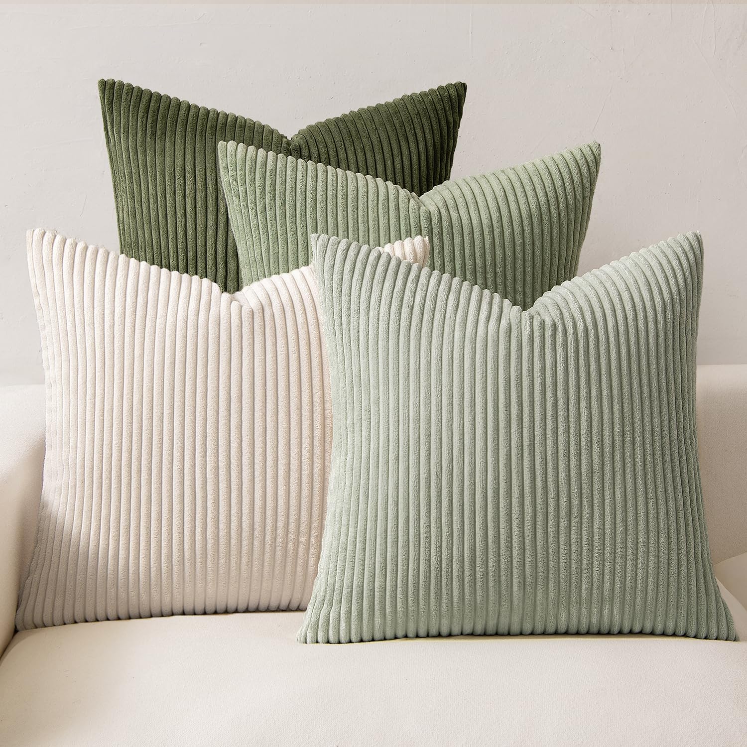 Boho Farmhouse Sage Green Throw Pillow Covers 18x18 Inch Set of 4 Mordern Nordic Cushion Covers Soft Corduroy Spring Home Decor for Couch Bed Sofa Living Room Forest Green