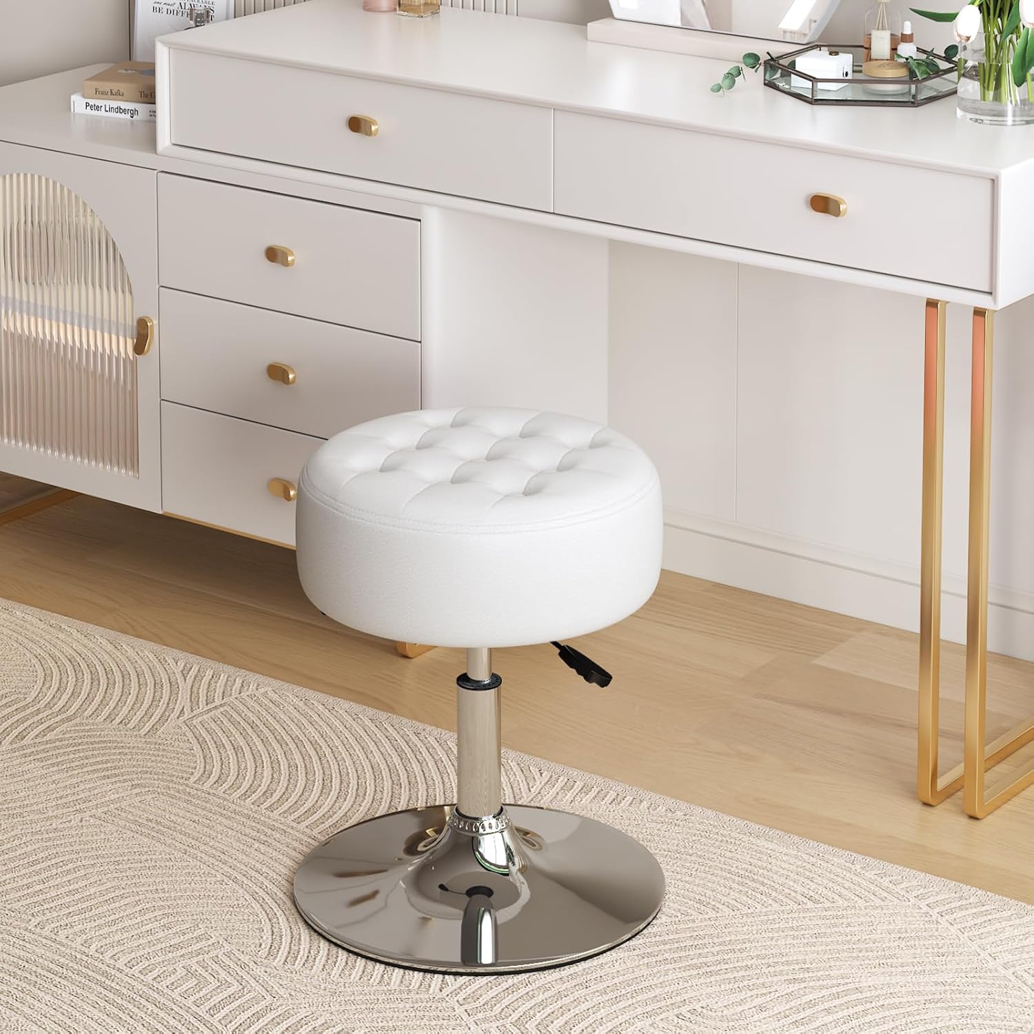 Mid-Century Tufted Adjustable Swivel Makeup Ottoman Stool; Modern Big Size Round Vanity Stool Chair for Bedroom Living Room (White)
