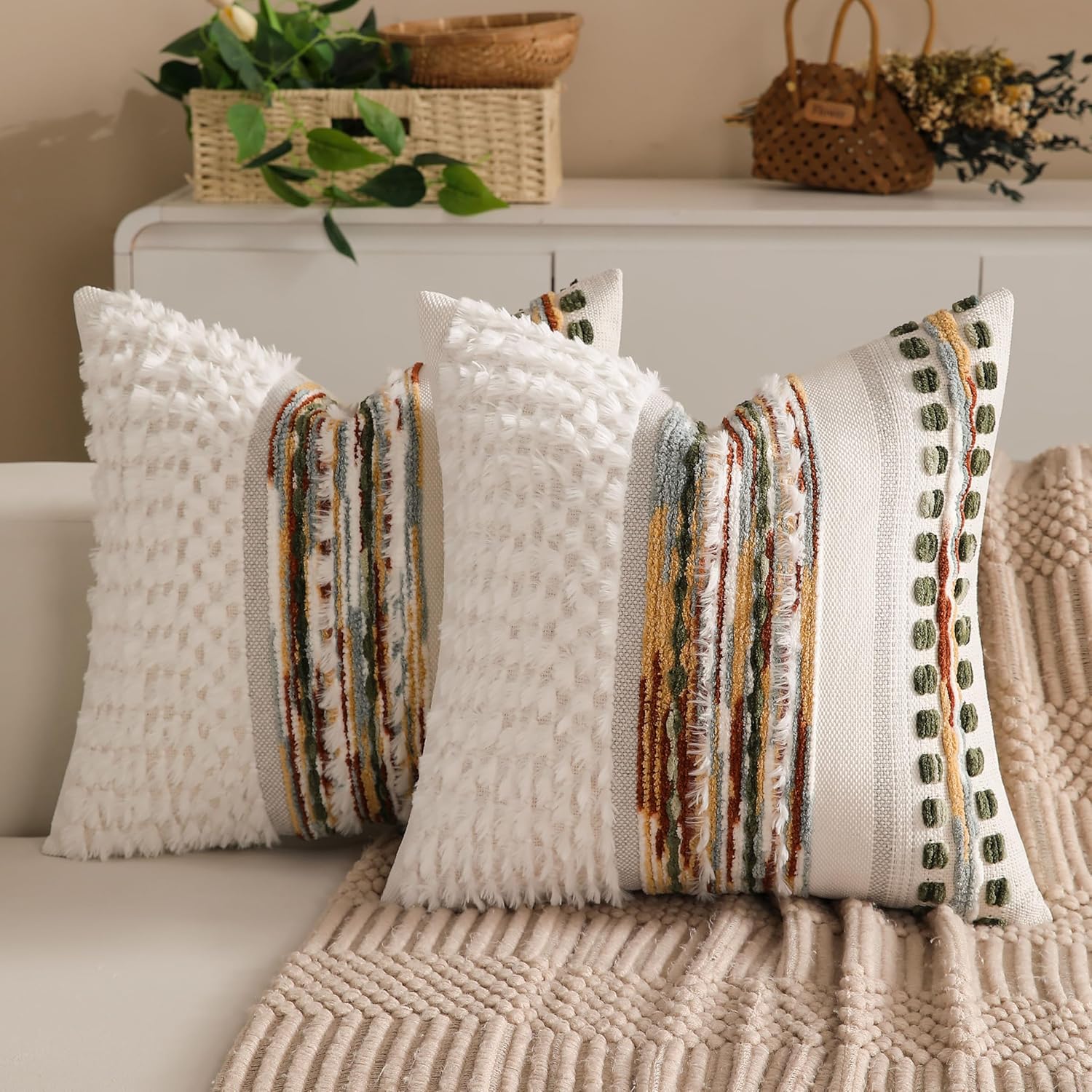 Boho Chenille Tufted Couch Throw Pillow Covers 18x18 Inch Set of 2 Farmhouse Striped Decorative Pillow Covers Accent Neutral Square Pillowcase Green Cushion Covers for Livingroom Sofa Bed