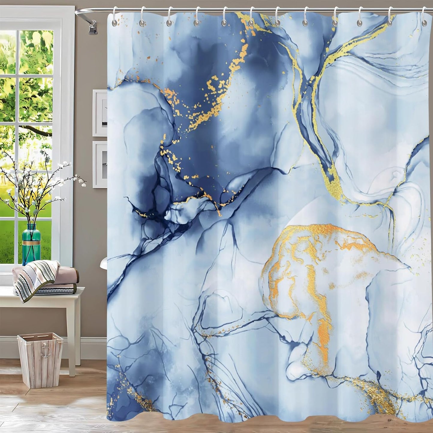 Shower Curtain Blue Eucalyptus Shower Curtains for Bathroom, Watercolor Leaf Shower Curtain Sets Waterproof Plant Shower Curtain Leaves Fabric Cloth Bathroom Curtains 72x72 inch with Hooks