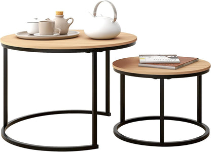 HOJINLINERO Round Coffee Table,Nesting Coffee Table Set of 2,Center Tables for Living Room,Office, Home Small Space,Stacking Side Tables,Sturdy and Easy Assembly,Wood Desktop,Brown,Large