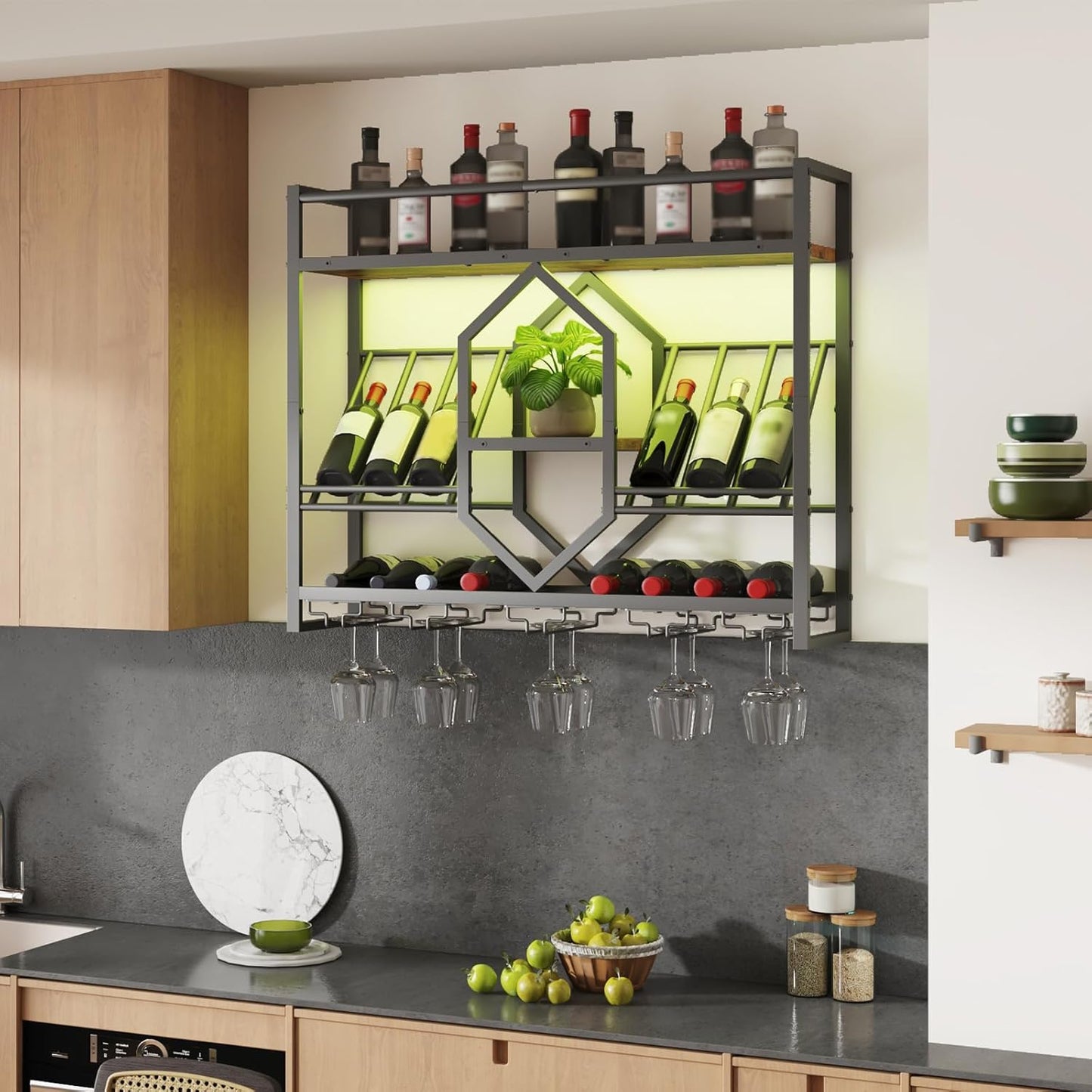 HOOBRO Wall Mounted Wine Rack with LED Light, 31.5" Wine Shelf, 3 Tier Wine Bottle Display Shelf with Glass Holder, Hanging Bar Liquor Storage Rack, for Kitchen, Bar, Rustic Brown and Black BF73DBJ01
