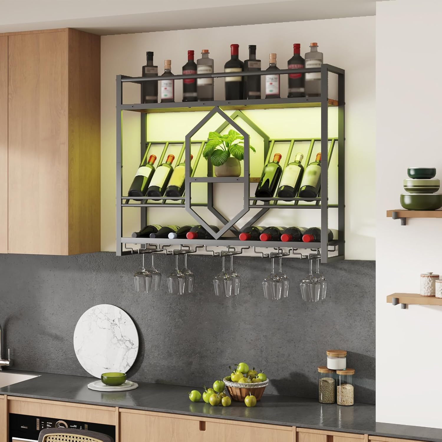 HOOBRO Wall Mounted Wine Rack with LED Light, 31.5" Wine Shelf, 3 Tier Wine Bottle Display Shelf with Glass Holder, Hanging Bar Liquor Storage Rack, for Kitchen, Bar, Rustic Brown and Black BF73DBJ01