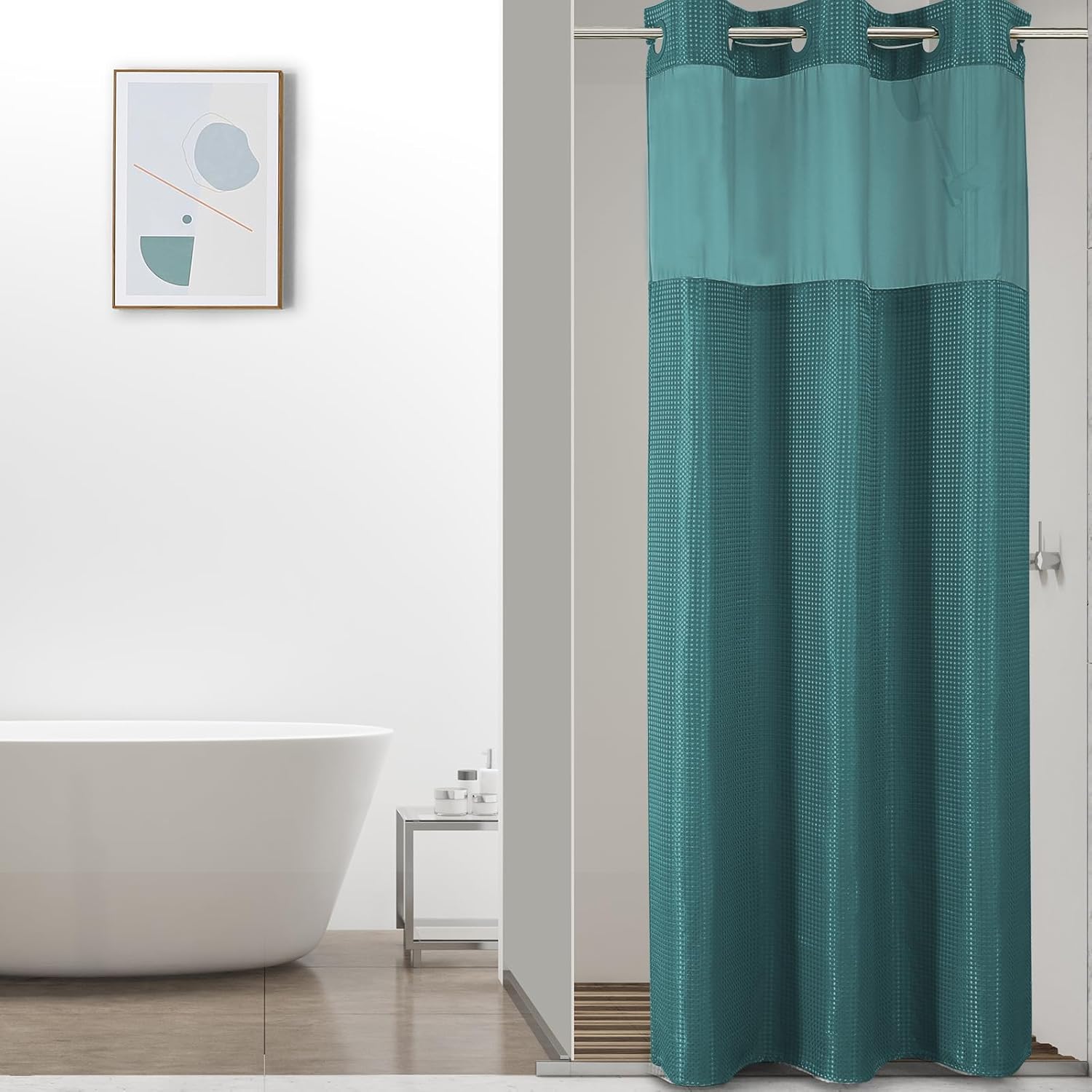 No Hook Waffle Shower Curtain with Snap in Fabric, Waterproof Shower Curtains with See Through Top Window, Hotel Luxury Heavy Duty Bathroom Curtain and Liner Set, 72'' x 75'', Black
