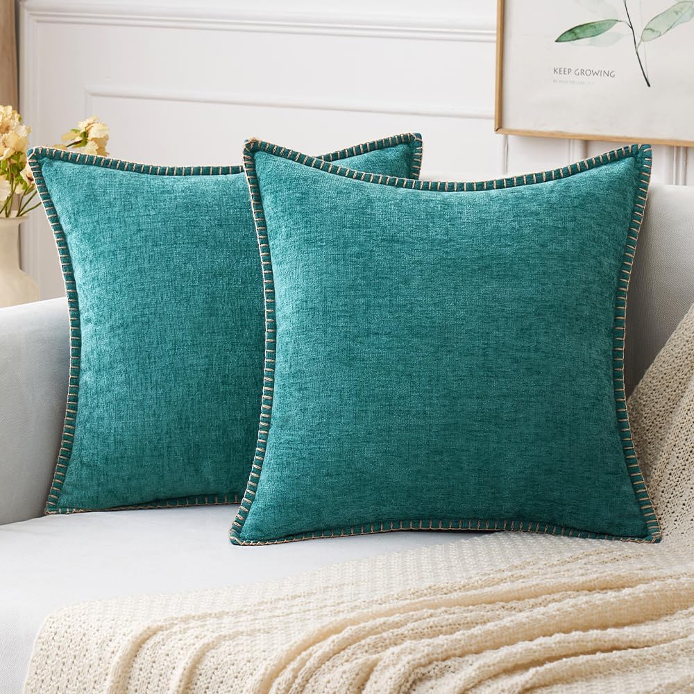 MIULEE Pack of 2 Couch Throw Pillow Covers 18x18 Inch Sage Green Farmhouse Decorative Pillow Covers with Stitched Edge Soft Chenille Solid Dyed Summer Pillow Covers for Sofa Bed Living Room