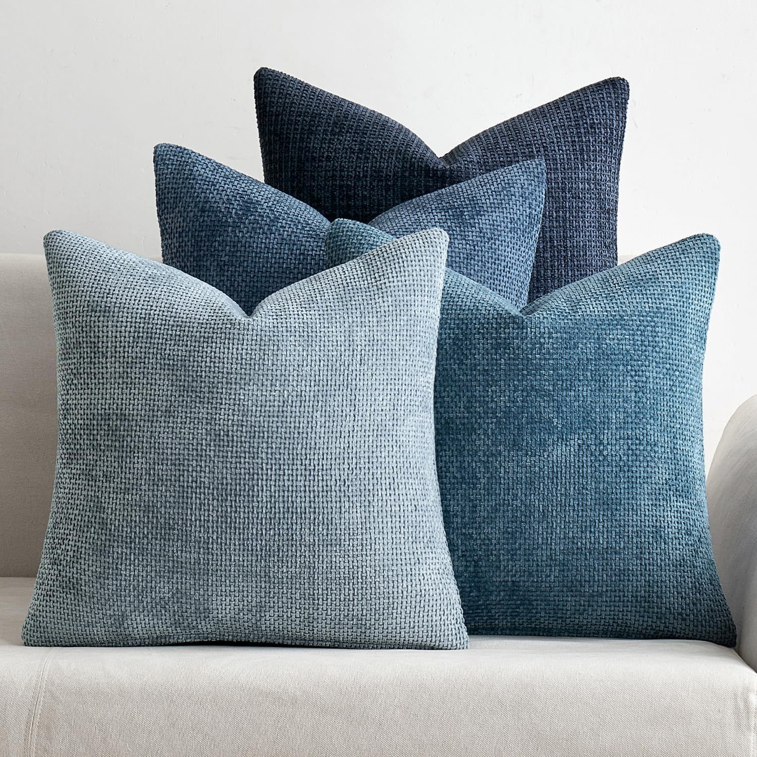 Pack of 4 Couch Throw Pillow Covers 18x18 Inch Neutral Blue Soft Decorative Chenille Pillow Covers Farmhouse Accent Cushion Covers for Boho Western Spring Coastal Decor Sofa Bed Living Room